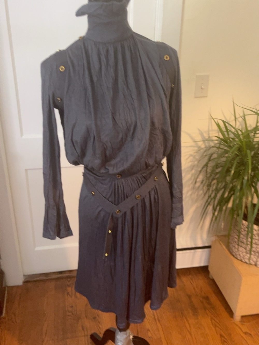 Vintage Thierry Mugler 1980s Charcoal Draped Grommet Dress Archival 6063
